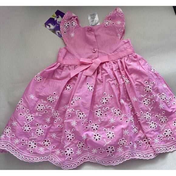 Blueberi Boulevard Baby Girls Floral Eyelet Trim Belted Dress Pink 6-9 Months - Picture 4 of 4